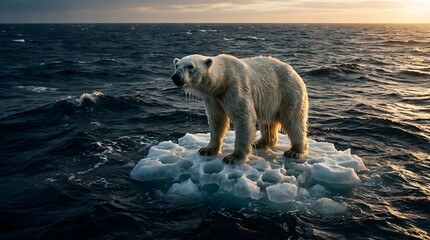 A lone polar bear standing on a tiny piece of melting ice in the middle of a vast ocean at sunset, symbolizing the impact of global warming and climate change