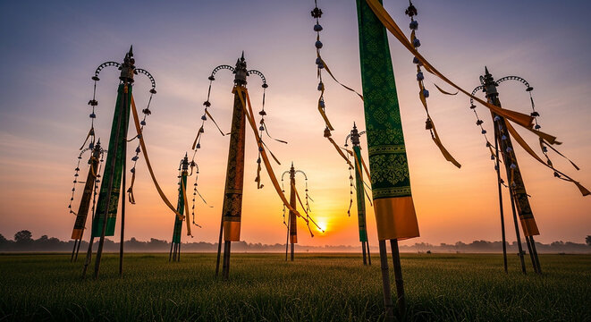 Balinese Penjor Flags Waving in Sunrise Light Over Rice Field