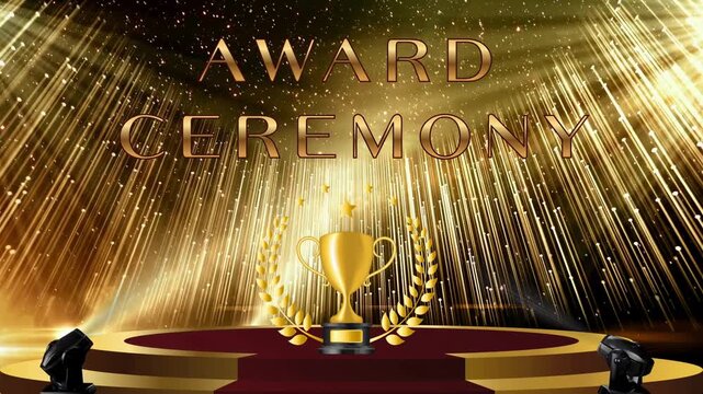 Solemn video intro with golden text Award Ceremony, a winner's trophy with a laurel wreath on a pedestal with a red carpet and spotlights against a background of golden shining rays