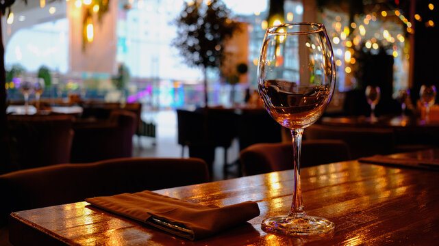 There is a glass on the table with bright highlights and bokeh, creating a romantic and elegant atmosphere. A dinner at a cafe, a glass of wine, and Valentine's Day.