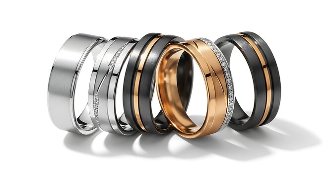 Four shiny metal wedding bands with different colors on display