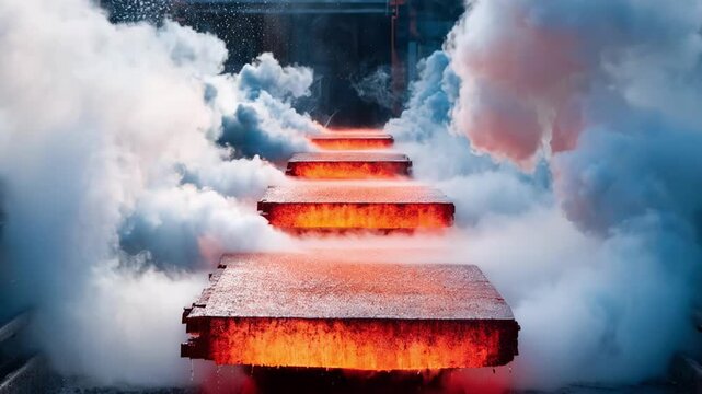 Close medium shot capturing the intense steam cloud around moving redhot slabs on a runout conveyor focusing on the cooling effect and manufacturing power.