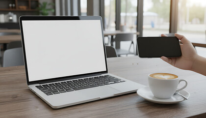 Fototapeta premium Modern laptop with blank screen, coffee cup, and smartphone held by hand on a wooden cafe table. Ideal for digital content and remote work displays