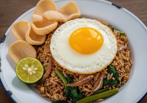 Nasi goreng kampung, traditional indonesian fried rice with anchovies, water spinach, sunny side up egg and crackers