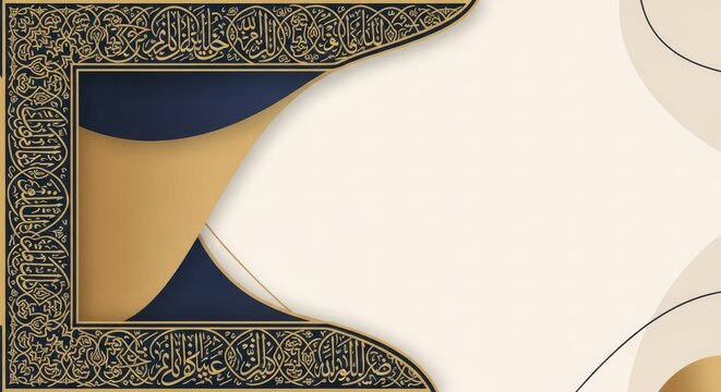 Elegant Islamic calligraphy border on a cream background with navy and gold accents