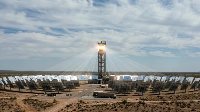 Medium frame highlighting array of heliostats focusing solar rays on calciner receiver contrasted with soft cloud patterns in the backdrop.
