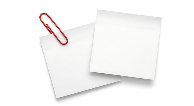 Blank white sticky notes with red paperclip isolated on white background for office memo and reminders with post it