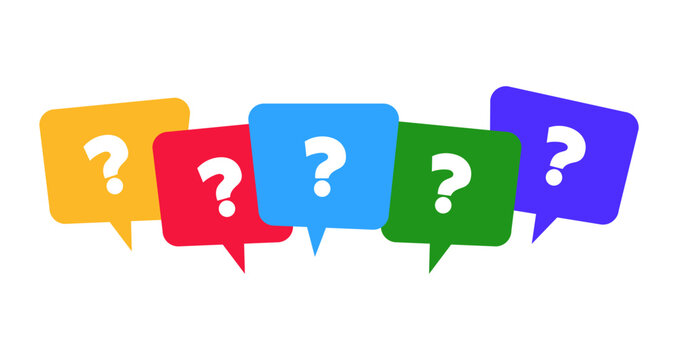 Set of question message marks designed in a clean flat style, featuring symbols for FAQ, inquiry, support, and discussion concepts, suitable for help centers, customer service interfaces, chat