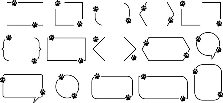 Outline text box and speech bubble templates with decorative brackets shaped like animal paw prints, featuring dog and cat footprints with claws in a clean minimal style, ideal for pet branding