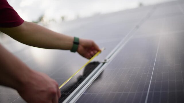 An engineer uses a tape measure to measure the exact location of the screws on the solar panels. High quality 4k footage