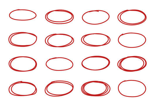 Hand-drawn red oval highlight frames set with sketchy marker circles and doodle ellipse outlines, perfect for annotations, emphasis, notes, and creative design accents in a casual hand-drawn style