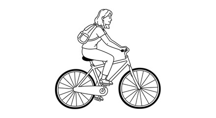 Obraz premium Line art illustration of a woman cycling with a backpack, symbolizing active transportation, healthy lifestyle choices, and daily urban commuting or outdoor recreation