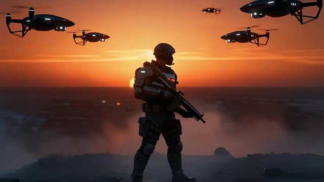 Futuristic soldier armed with advanced weapons standing at sunset surrounded by hovering armed drones in 4K