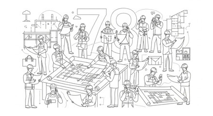 Obraz premium Detailed Black and White Sketch of a Bustling City Street Scene.