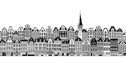 Obraz premium Detailed Black and White Sketch of European Cityscape Buildings.
