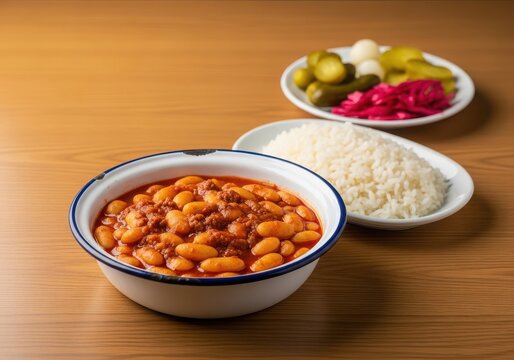 Traditional turkish kuru fasulye dish with white rice and pickles served on a wooden table