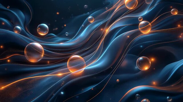 Abstract liquid light waves flowing dynamically around glowing orange spheres in vibrant motion background