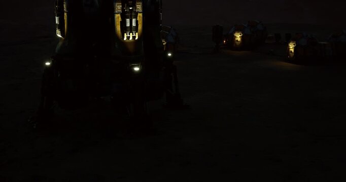 A robotic exploration vehicle navigates the Martian surface during dusk, illuminating the terrain with its lights. Surrounding structures hint at a scientific mission unfolding.