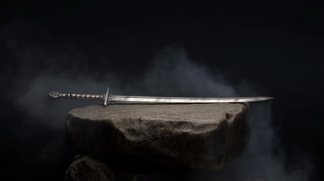 Old Fashioned Steel Sword Resting On Stone Emphasized By Moody Lighting And Textured Background