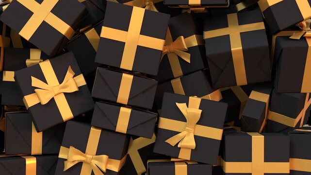 3D animation of black gift boxes falling on transparent background, ideal for black friday sale. Video with alpha channel