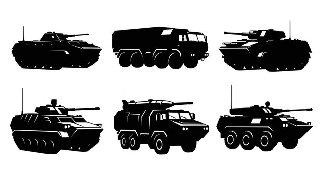 Military Combat Vehicles Silhouette Vector Collection - Army Tanks and Armored Transport