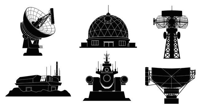 Technology  Military Radar Communication Stations Black Silhouette Vector Icons