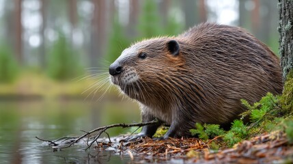 Fototapeta premium Beaver Chewing on Small Tree Branch Beside Calm Water in Forest Setting