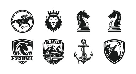 Fototapeta premium Black White Glyph Vector Logos Set: Sports, Animals, Travel, Chess, and Nautical Symbols