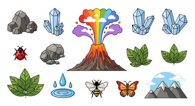 Kids Cartoon Nature Elements Vector Illustration Set: Rocks, Volcano, Leaves, Insects, Crystals