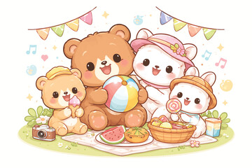 Fototapeta premium Adorable cartoon bear family enjoying a cheerful outdoor picnic with treats and toys under festive banners.