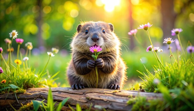 Adorable Groundhog Enjoying a Flower in a Sunny Meadow.