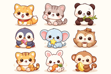 Obraz premium A delightful collection of nine adorable cartoon baby animals, including a fox, cat, panda, penguin, elephant, two monkeys, a tiger, and a rabbit, each with big eyes and charming expressions.