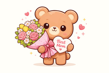 Fototapeta premium Kawaii teddy bear holding flower bouquet and Best Mom heart, cute cartoon animal vector for Mother's Day greeting cards, adorable brown bear with pink roses and floral arrangement isolated PNG