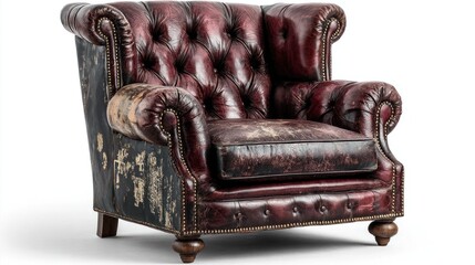 Fototapeta premium Elegant vintage tufted leather armchair in a rich burgundy color isolated on a clean white background.