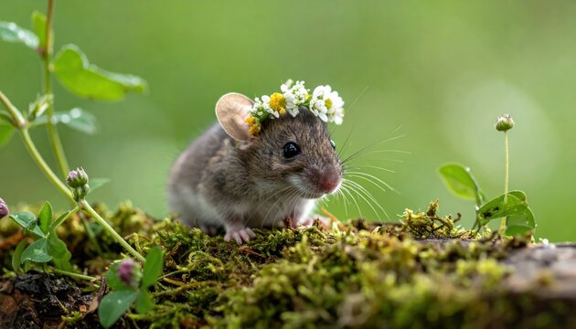 Adorable mouse wearing a flower crown in a natural setting.