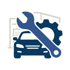 Logo taller mecánico. Dibujo con líneas de un vehículo de lujo con un engranaje y una llave ajustable, vistos de frente, con un garaje de fondo  © teracreonte