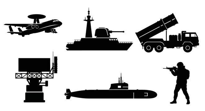 Military Defense Silhouettes Set: Warship, AWACS, Submarine, Radar, MLRS Truck, Soldier Vector Icons