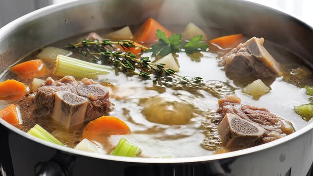 Simmering Pot of Hearty Beef Bone Broth with Vegetables.