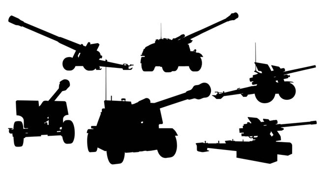 Military Warfare Artillery Guns and Anti-Aircraft Cannons Silhouettes Vector Set