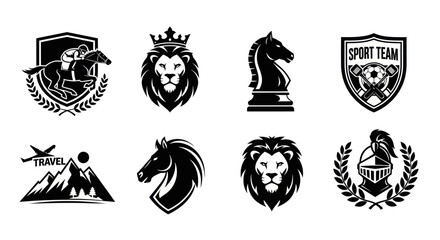 Black and White Glyph Sports, Animal, Travel Royal Emblems Logo Icon Set
