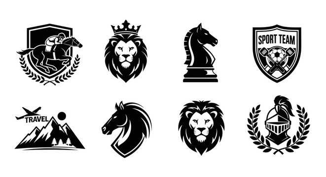 Black and White Glyph Sports, Animal, Travel  Royal Emblems Logo Icon Set