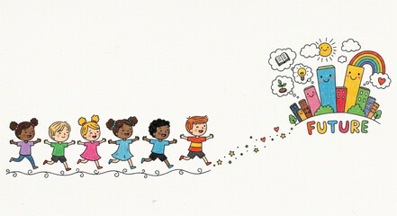 Obraz premium Diverse group of children running towards a bright future cityscape.