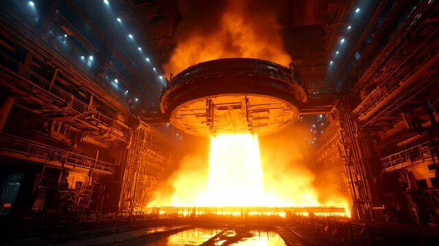 Molten Metal Pouring in Industrial Steel Foundry Furnace.