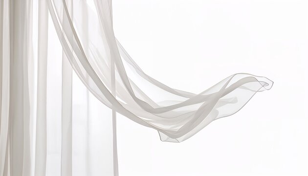 Airy minimal scene with translucent white curtains flowing dynamically in the wind, their edges lifted and visible, while sunlight casts distinct window shadows on a clean white surface.