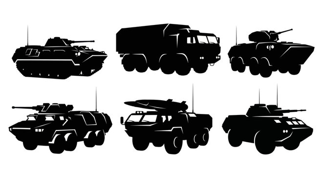 Black Silhouette Vector Set of Military Ground Vehicles: Tank, APC, Truck, Missile Launcher