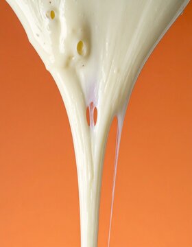 Closeup of Melted Cheese Pull on Orange Background