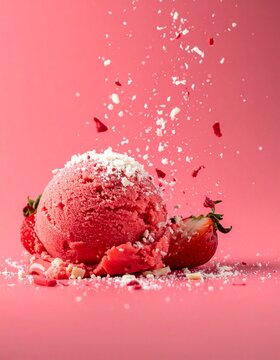 Strawberry Ice Cream Scoop with Strawberry and Crumble Splash