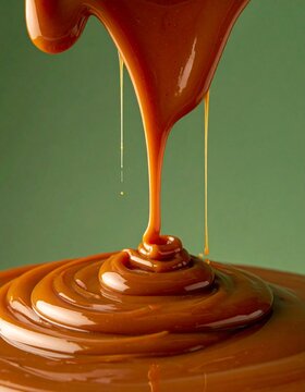 Glossy Brown Sauce Swirl Pouring on Green Background