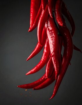 Closeup of Hanging Red Chili Pepper Bunch on Dark Background