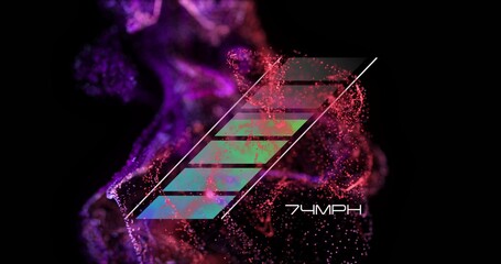 Floating slanted logo of five colored bars on black background, showing magenta nebula and 74MPH © vectorfusionart